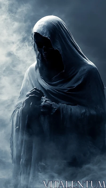 Hooded wraith rising through dense swirling fog at night.