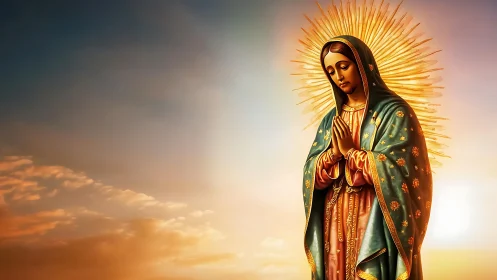 Devotional Marian icon rendered with radiant backlighting and ornate drapery