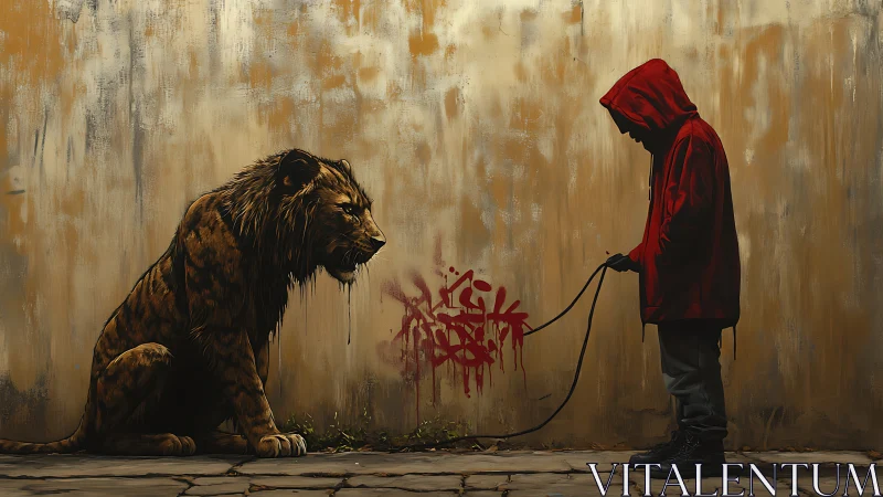 Figure in red jacket holds leash connected to large lion against weathered wall