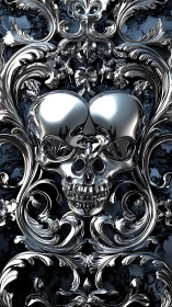 Baroque chrome skull relief in ornamental 3D metallic framework.