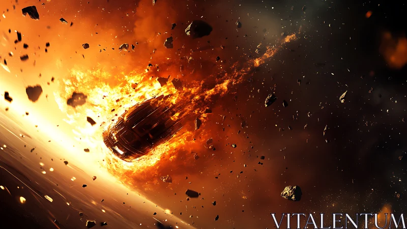 Burning spacecraft capsule crashes through fiery debris field.