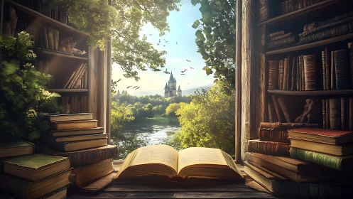 Storybook window into a sunlit riverside castle realm.