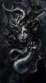 Serpentine goddess emerges from shadowed metallic bloom.