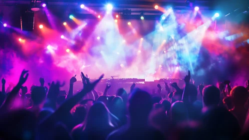 Crowd faces DJ stage under dense colored concert lighting