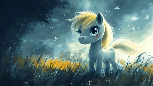 Blonde cartoon pony in misty field with flying birds.