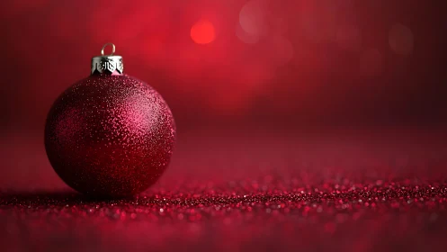 Red Christmas ornament rests on glittered surface