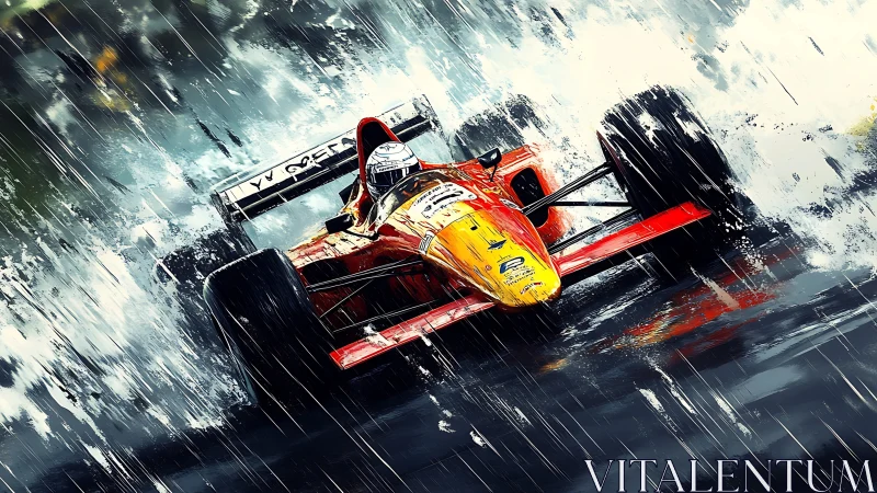 Red Formula race car powers through heavy rain on track