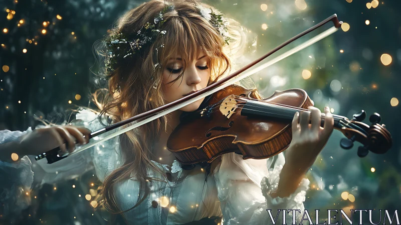 Forest violinist playing in glowing magical bokeh light.