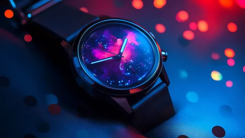 Futuristic wristwatch with cosmic dial in neon bokeh glow.
