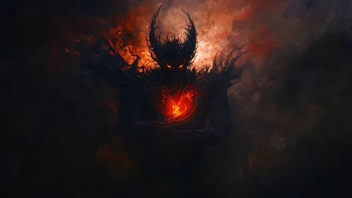 Dark infernal entity with molten core in digital painting.