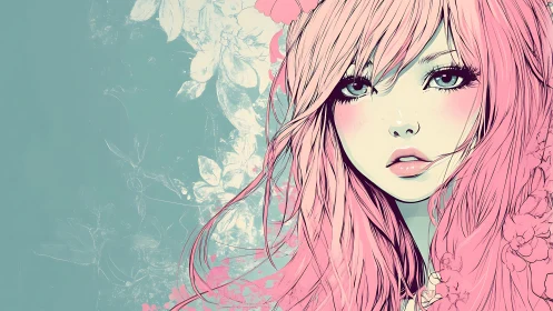 Soft pink daydream girl with floral whispers in pastel calm.