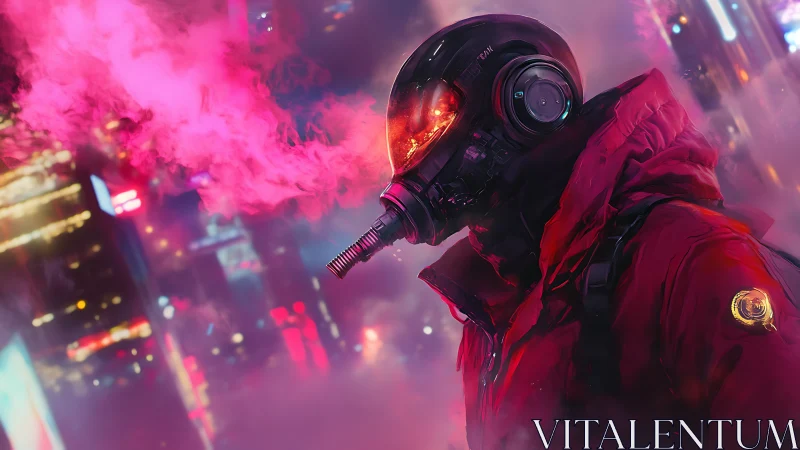 Cybernetic respirator scout in neon smog-drenched megacity alley