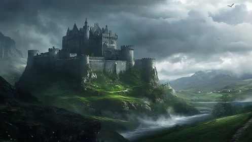 Storm-guarded cliffside fortress brooding above emerald mists.
