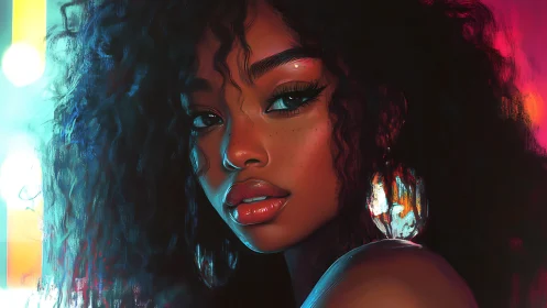 Digital portrait shows close-up of woman in neon lighting