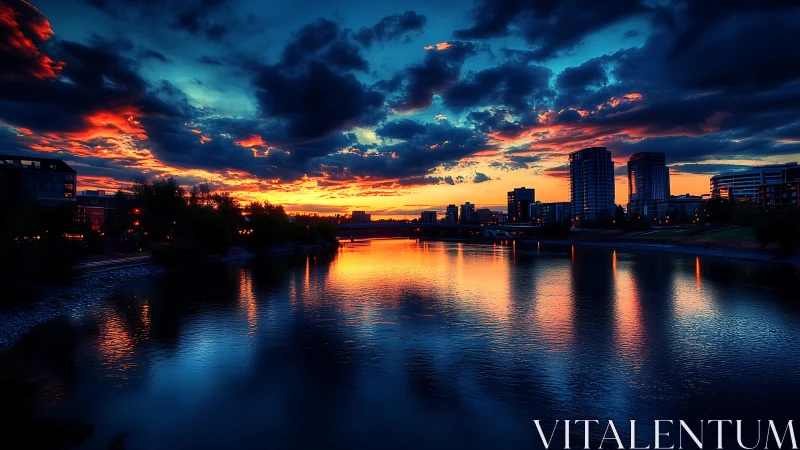 Photorealistic riverfront skyline under saturated sunset clouds.