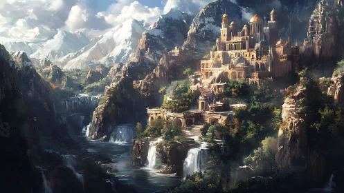 Golden mountain citadel rises above cascading waterfalls.