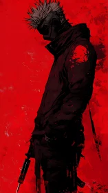 Masked cyber-assassin silhouette in high-saturation red field.