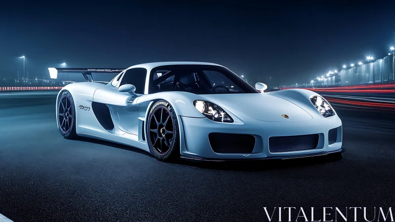 Sleek white sports car gliding through a calm night street.