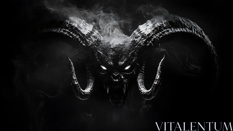 Horned demonic skull rendered in monochrome digital art.