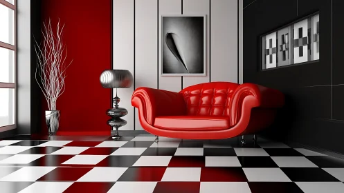 Red leather sofa anchors bold geometric monochrome interior.