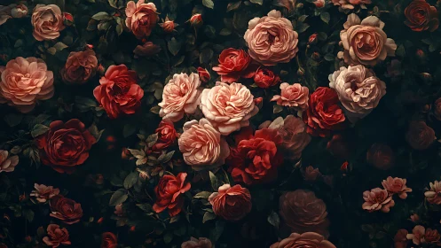 Lush Garden Roses. Rich Florals Against Dark Foliage.