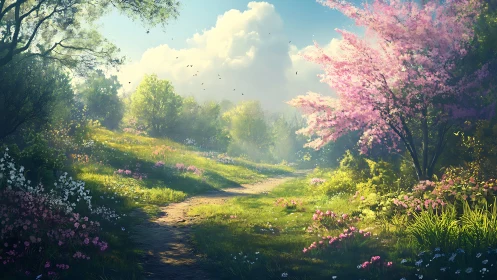 Winding dirt path through flowering trees and meadow.