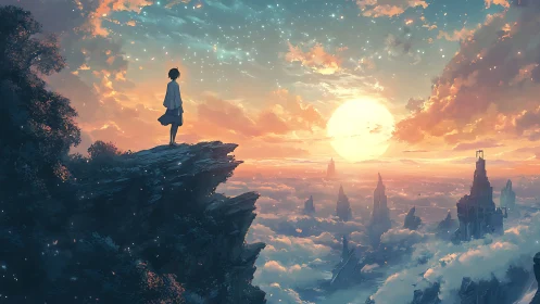 Solitary dreamer above luminous cloud kingdoms at dusk.