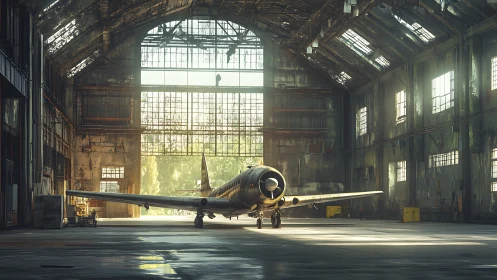 Solitary vintage plane dreaming in a sunlit ruined hangar.