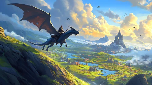 Dragon rider surveys luminous fantasy valley at sunrise.