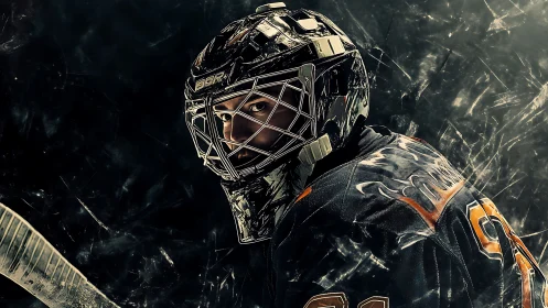 Hockey goalie portrait under dramatic arena lighting.