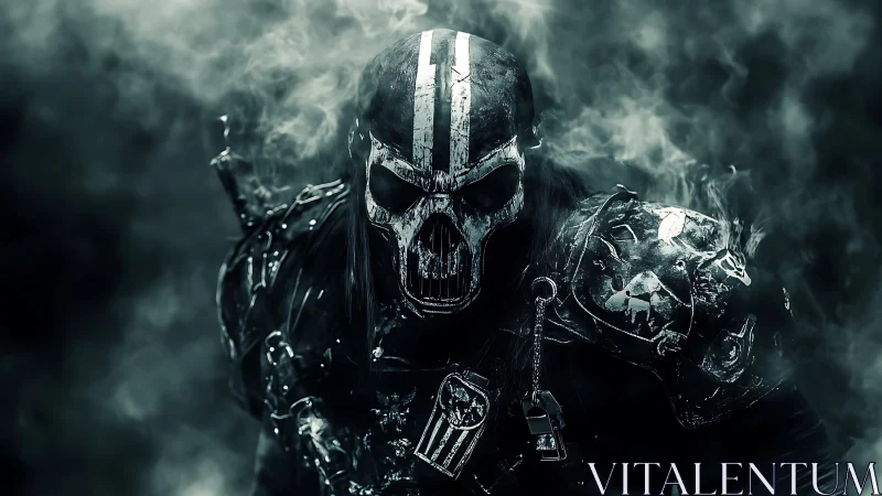 Skull-marked warlord stalks through ghostlit battle smoke.