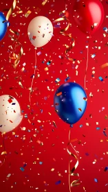Suspended balloons with confetti against red background display festive arrangement.