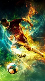 Kinetic football striker in chromatic plasma motion field.