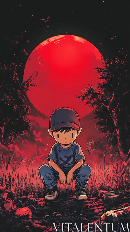Crouched child under oversized red moon in stylized forest.