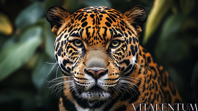 Jaguar portrait captures piercing gaze in lush jungle