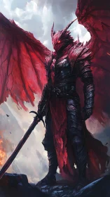 Armored winged warrior stands with sword in overcast sky