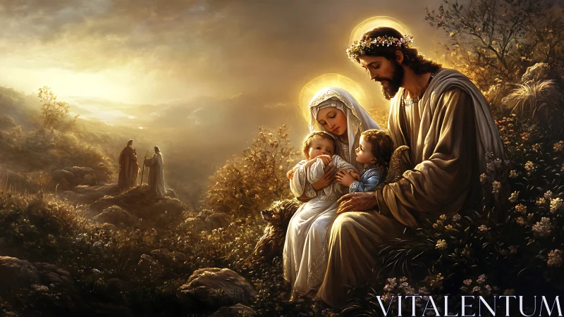 Holy family rests in radiant valley with distant pilgrims