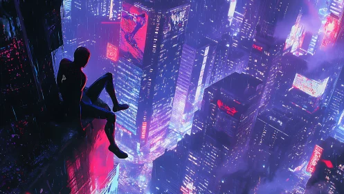 Cyberpunk vigilante overlooking neon-drenched megacity at night.