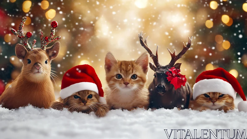 Digitally composed festive scene with animals wearing holiday attire
