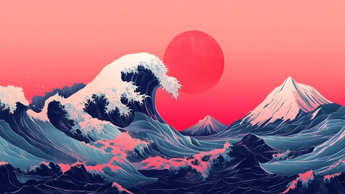 Ocean waves and mountains under large red sun at dusk.