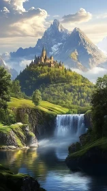 Majestic hilltop castle above alpine waterfall valley.