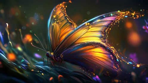 Glowing sunset butterfly resting in a dreamlit garden.