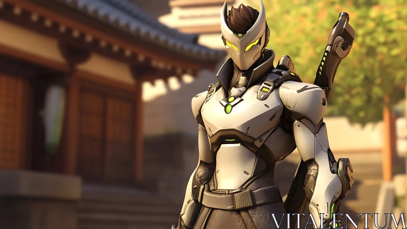 Cyborg warrior in sleek armor under warm courtyard light.