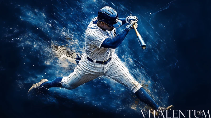 Baseball slugger drives explosive swing through blue cosmos.
