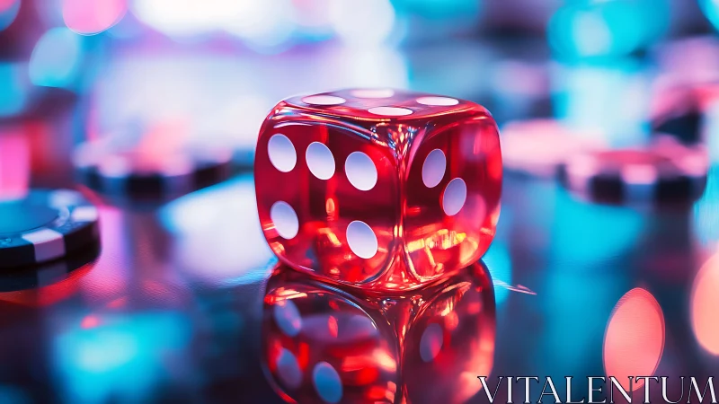 Glossy red casino dice glowing in neon night hues.