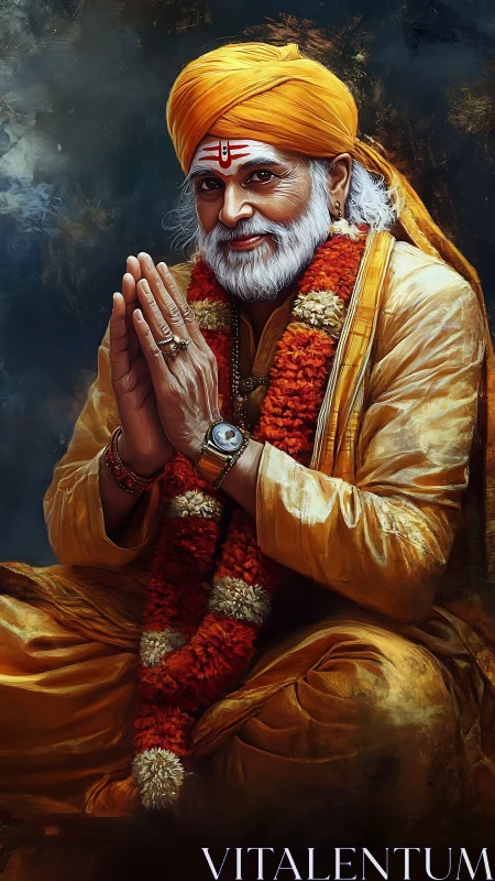 Warmly smiling guru in golden robes offers gentle blessings.