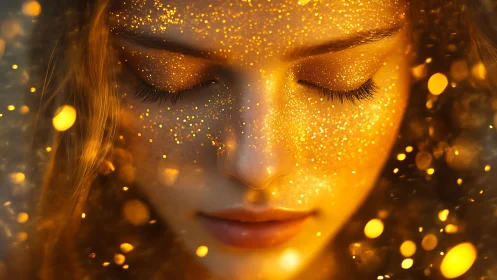 Golden glitter portrait with serene closed eyes and bokeh.