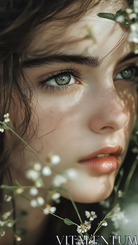 Soft-lit portrait of girl framed with delicate white flowers.