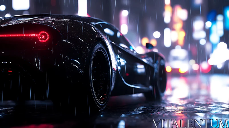 Wet black sports car idling on neon city street at night