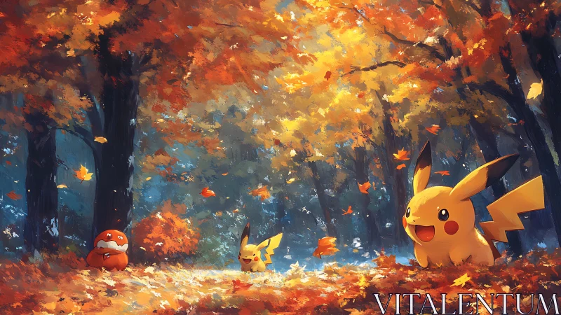 Playful electric creatures in a glowing autumn forest scene.